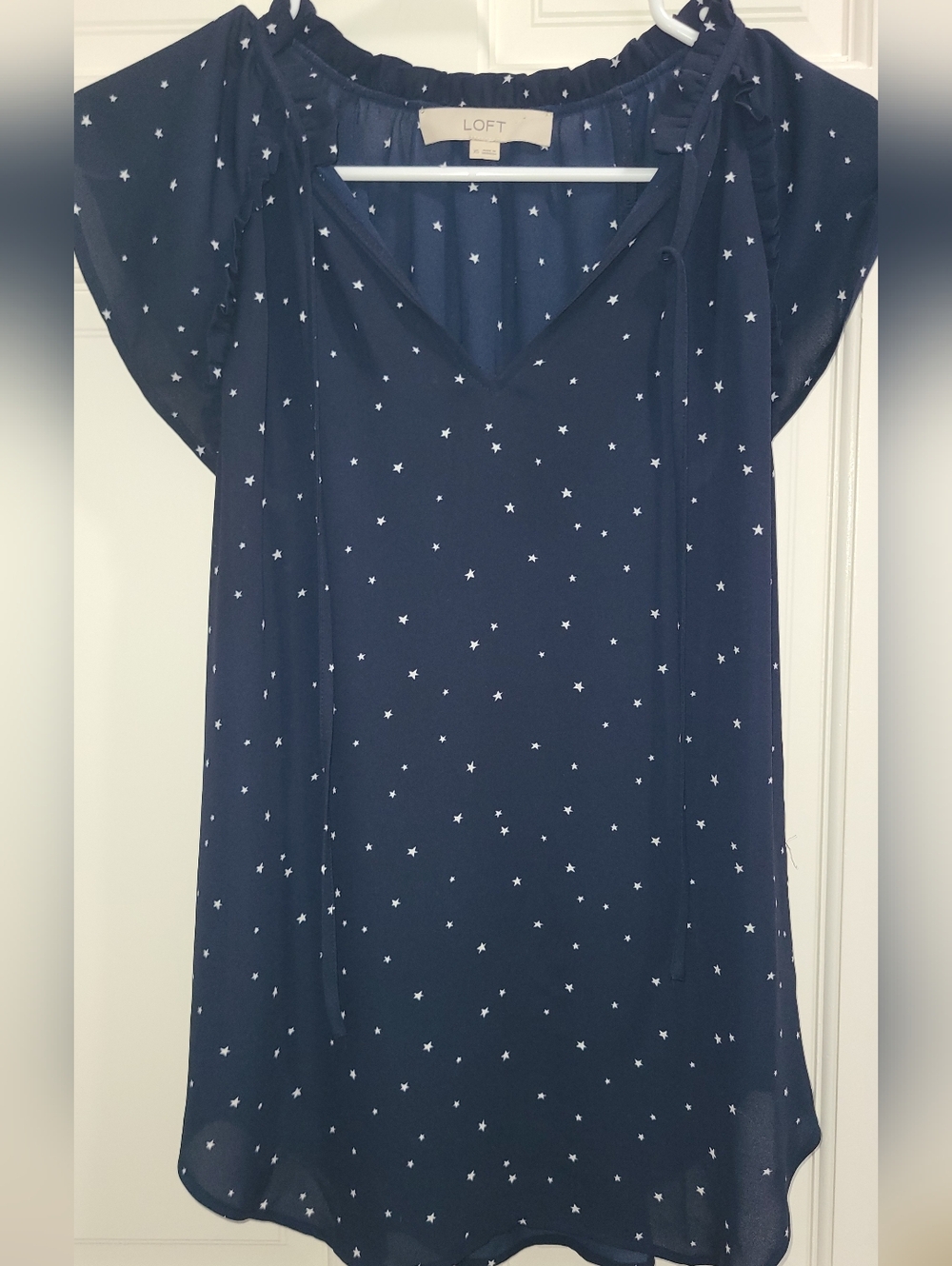 LOFT Navy Star-Print Tie-Neck Blouse
